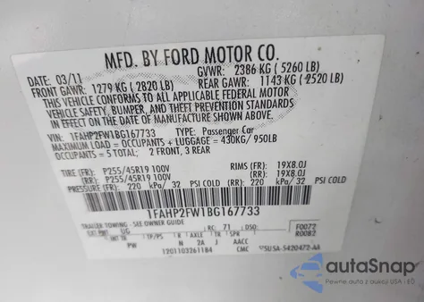 2011 Ford Taurus Limited z USA, uszkodzony, nr VIN 1FAHP2FW1BG167733